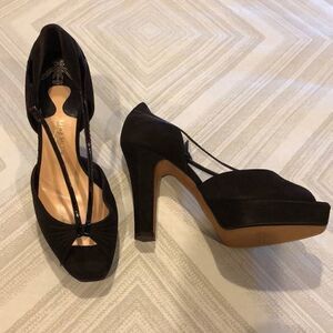 Michel Perry Brown Suede/Leather Peep Toe Platform